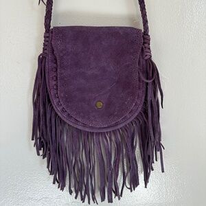 Retro Boho Purple Suede Crossbody Purse, Saddlebag Crossbody Purse Fringe